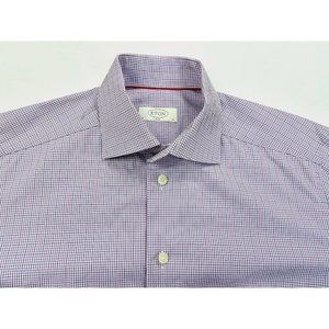 Etom Slim Fit Size 38 15 (US Medium) Men's Spread Collar Purple White Blue Check